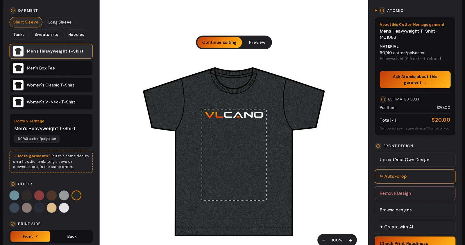 The VLCANO Mockup Studio with the VLCANO logo placed on a charcoal t-shirt